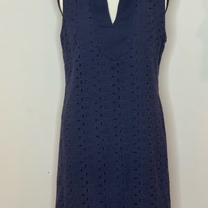 Eliza J Size 10 Navy Blue Eyelet Tassel Shift Split Mandarin Collar Sleeveless